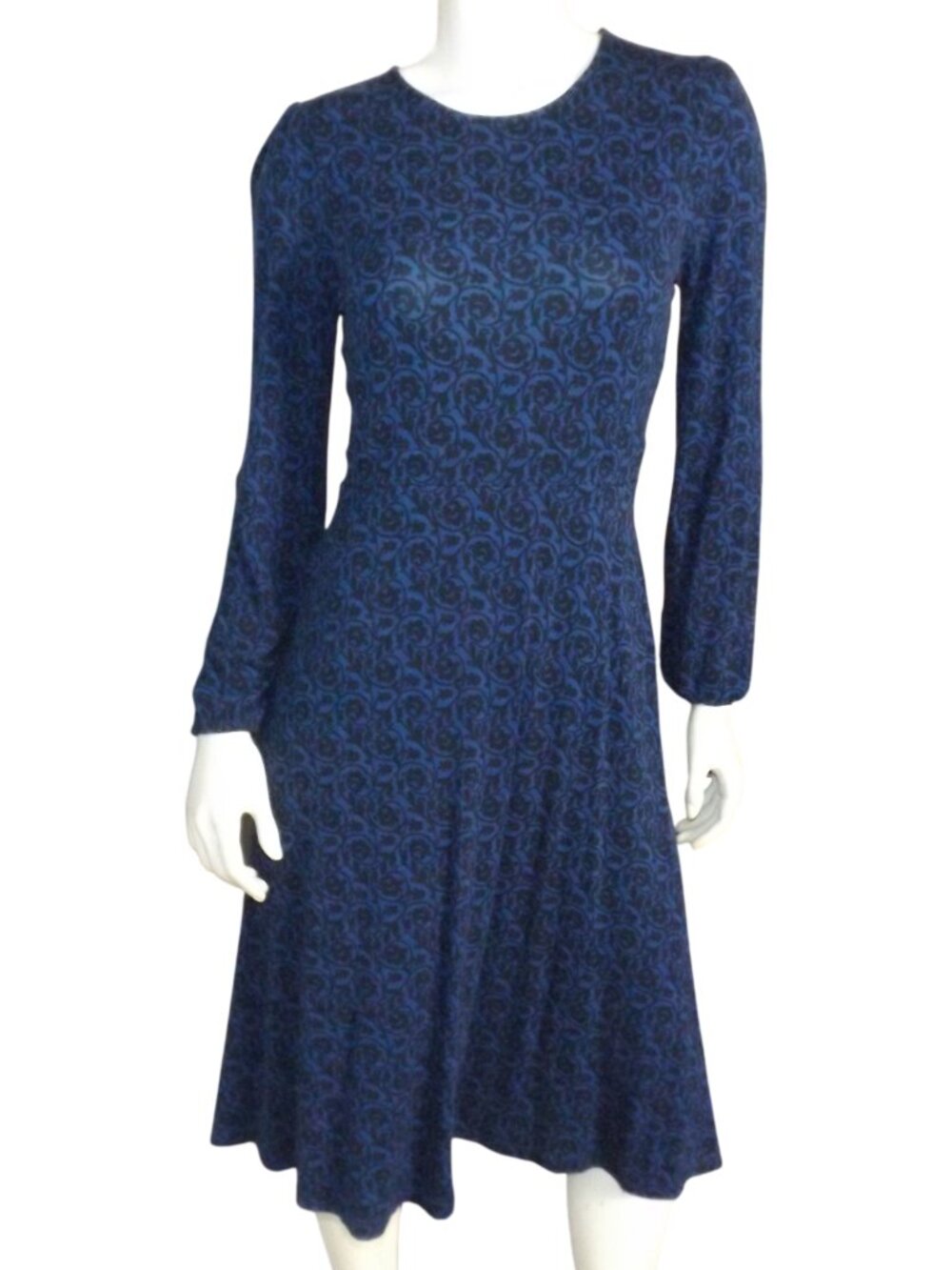 BODEN Dress, 10P Petite, Blue/Black Floral, Jersey, A-line, Long sleeves